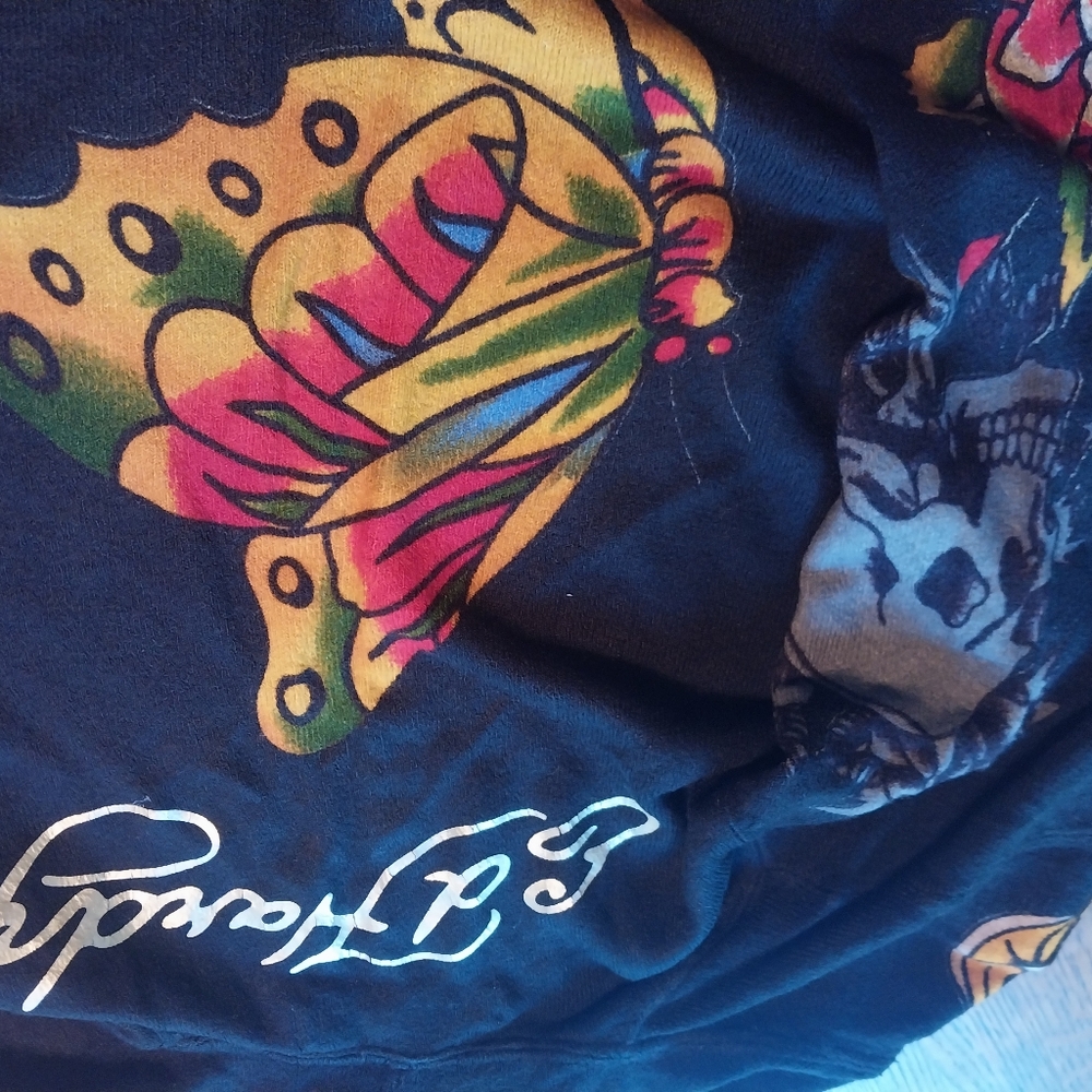 Ed Hardy Black Hoodie Sweater Small with Multicolor Butterfly and Script